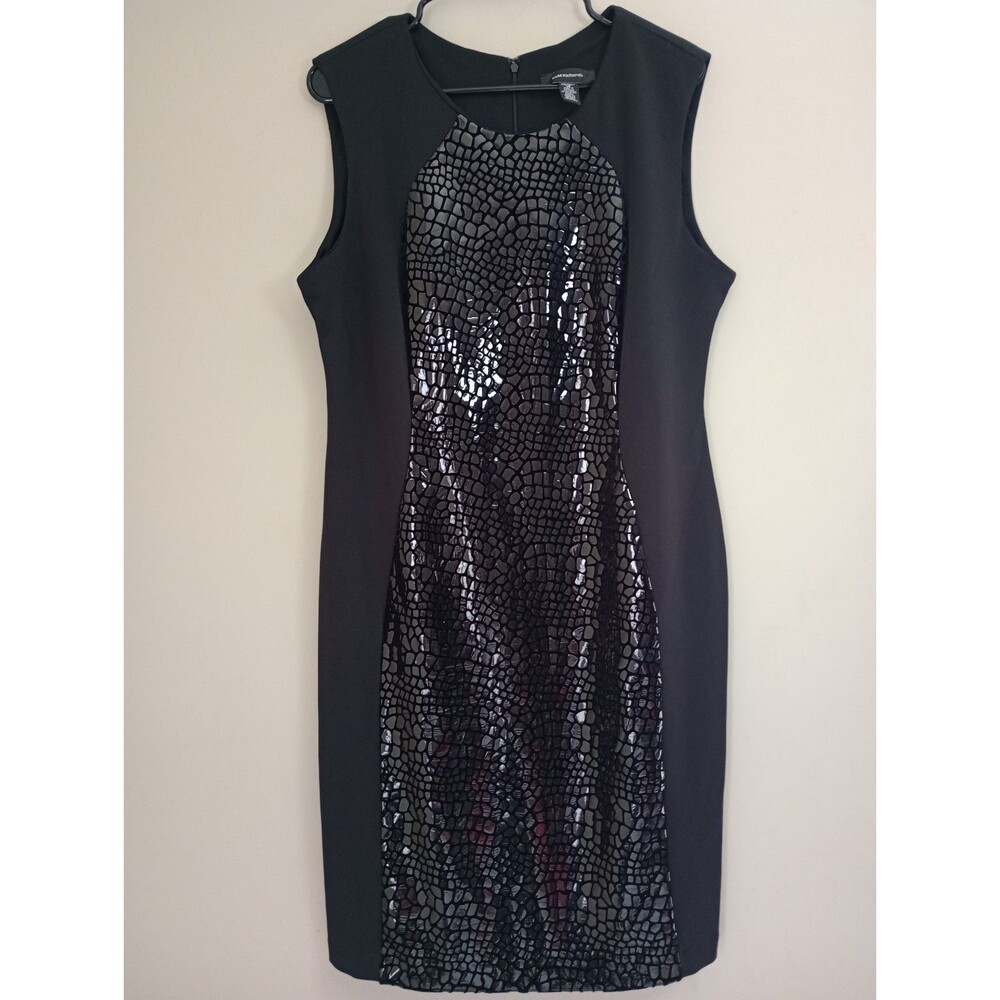 R&M Richards Black Sheath Dress Monochromatic Animal Print Design Zip Size 16